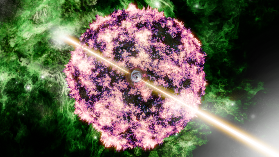 A fragmented purple sphere intercepted by a yellow beam, with green mist behind it