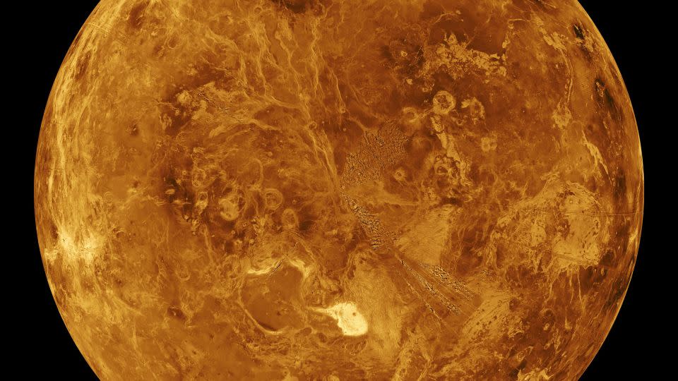 Venus' northern hemisphere appears in this global view of the planet's surface as seen by NASA's Magellan spacecraft in an image created in 1996. - NASA/JPL