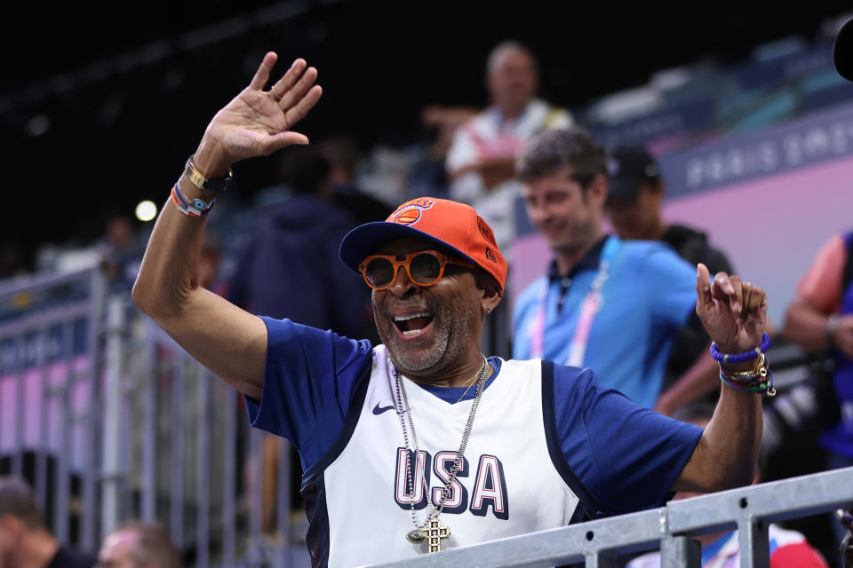 LILLE, FRANCE - JULY 28: American Filmmaker Spike Lee reacts during the first half of the Men's Group Phase - Group C game between Serbia and the United States on day two of the Olympic Games Paris 2024 at Stade Pierre Mauroy on July 28, 2024 in Lille, France. (Photo by Gregory Shamus/Getty Images)