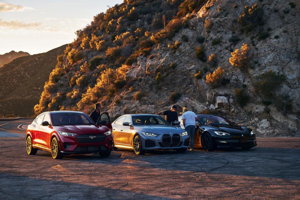 2023 ford mustang mache gt performance and 2023 bmw i4 and 2023 tesla model s plaid