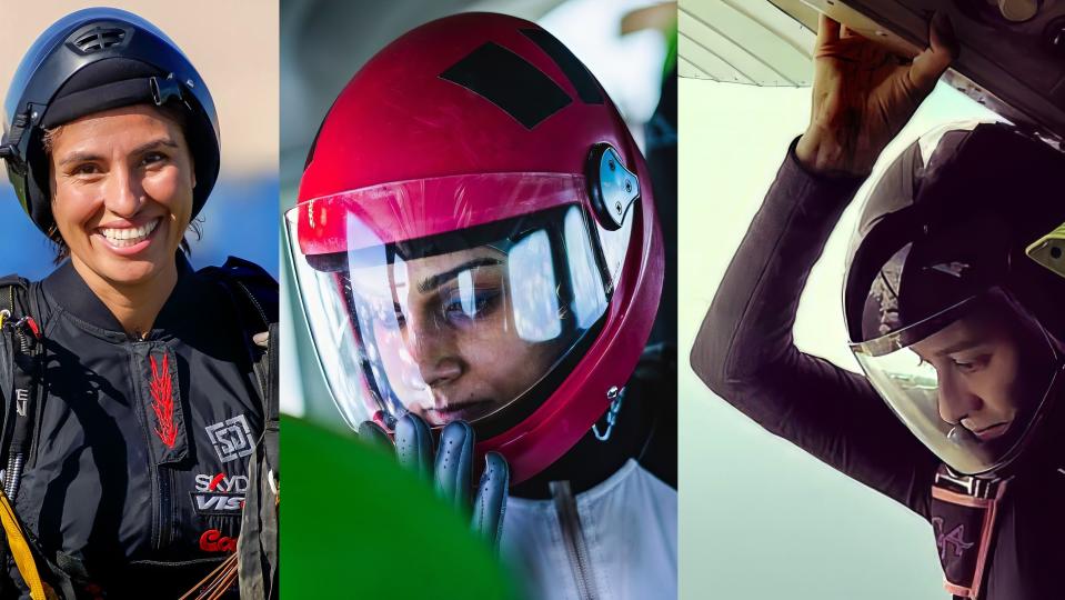  Three headshots of women in parachute helmets, side by side. 