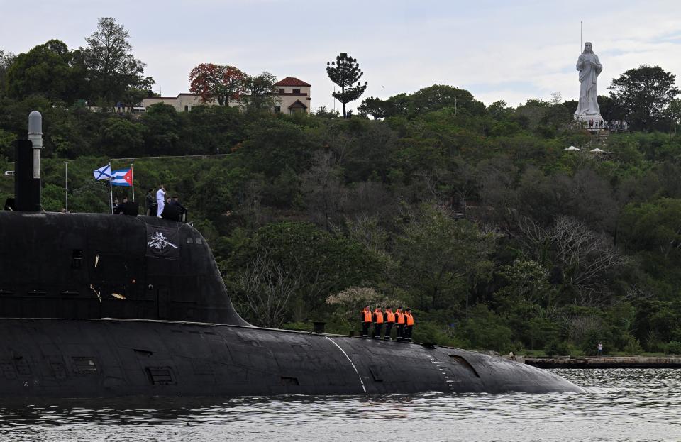 The Russian nuclear-powered submarine Kazan, part of the Russian naval detachment visiting Cuba, arrives at Havana's harbour, June 12, 2024.