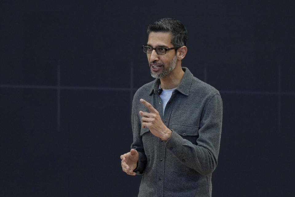 FILE - Alphabet CEO Sundar Pichai speaks at a Google I/O event in Mountain View, Calif., Tuesday, May 14, 2024. Google CEO Sundar Pichai testified briefly Friday at the federal financial conspiracy trial surrounding buzz-to-bust startup Ozy Media, countering founder Carlos Watson’s alleged claims that the search giant once sought to buy Ozy. (AP Photo/Jeff Chiu, File)