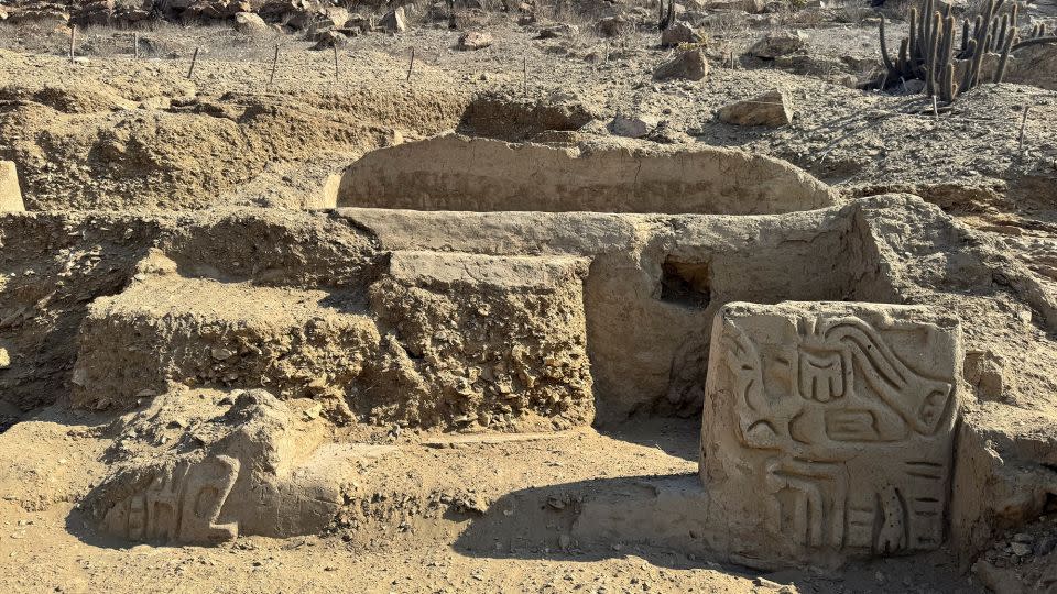 Pieces of what appear to be parts of a 4,000-year-old ceremonial temple in Peru. - Peru's Pontifical Catholic University/Reuters