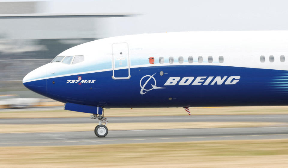 FILE PHOTO: A Boeing 737 Max aircraft during a display at the Farnborough International Airshow, in Farnborough, Britain, July 20, 2022.  REUTERS/Peter Cziborra/File Photo