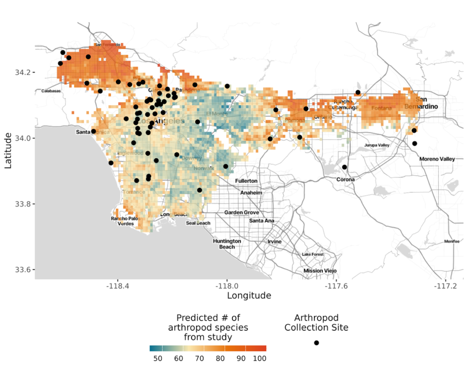 Map of greater Los Angeles basin showing dark orange along the edge of mountains in the North, blue in the center and light orange near the coast.