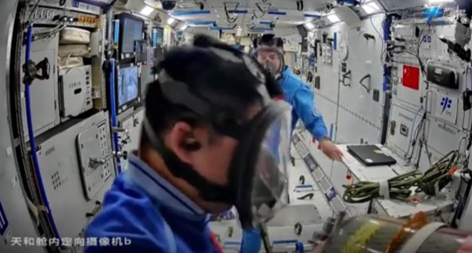  The astronauts of China's Shenzhou 18 mission simulate a debris-strike emergency aboard the Tiangong space station in July 2024. 