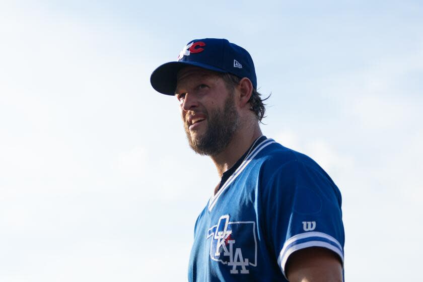 ROUND ROCK, TX - JULY 19: Clayton Kershaw #22 of the Los Angeles Dodgers warms up for a rehab start for the Triple-A Oklahoma City Dodgers at the Dell Diamond on Friday, July 19, 2024 in Round Rock, TX. Kershaw is expected to return to pitch for Los Angeles after recovering from an off-season shoulder surgery. (Angela Wang / Los Angeles Times)