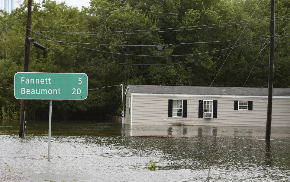 BEAUMONT, TX - SEPTEMBER 20: A mobile home is flooded on highway 124 on September 20, 2019 in Beaumont, Texas. Gov. Greg Abbott has declared much of Southeast Texas disaster areas after heavy rain and flooding from the remnants of Tropical Depression Imelda dumped more than two feet of water across some areas. (Photo by Thomas B. Shea/Getty Images)