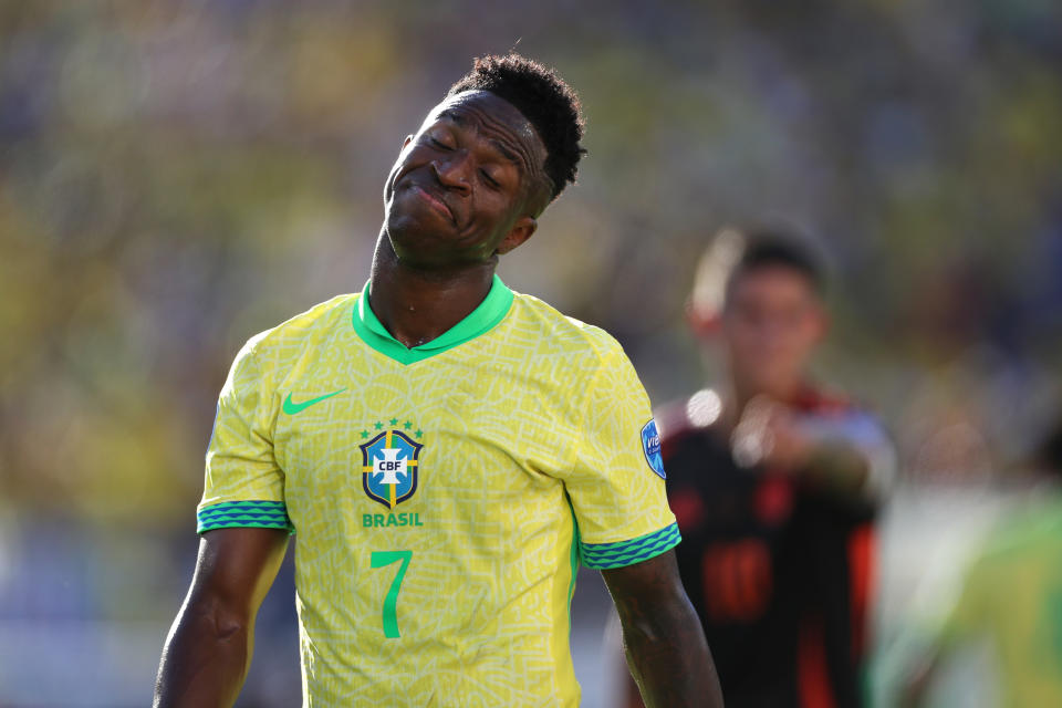 SANTA CLARA, CALIFORNIA - JULY 2: Vinicius Junior of Brazil reacts to a call from supporters during the CONMEBOL Copa America 2024 match between Brazil and Colombia  at Levi's Stadium on July 2, 2024 in Santa Clara, California. (Photo by Mark Leech/Offside/Offside via Getty Images)