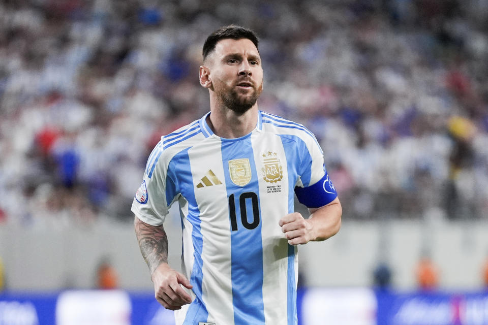 Argentina forward Lionel Messi during a Copa America Group A soccer match against Chile, Tuesday, June 25, 2024, in East Rutherford, N.J. (AP Photo/Julia Nikhinson)