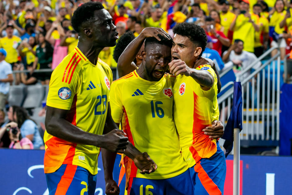 CHARLOTTE, NC - JULY 10: Colombia midfielder Jefferson Lerma (16) celebrates with teammates after scoring a goal during the CONMEBOL Copa America semifinal between Uruguay and Colombia on Wednesday July 10, 2024 at Bank of America Stadium in Charlotte, NC.  (Photo by Nick Tre. Smith/Icon Sportswire via Getty Images)