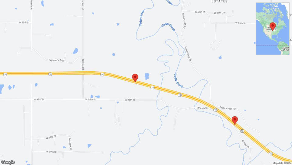 A detailed map that shows the affected road due to 'Lane on K-10 closed in De Soto' on July 29th at 8:21 p.m.