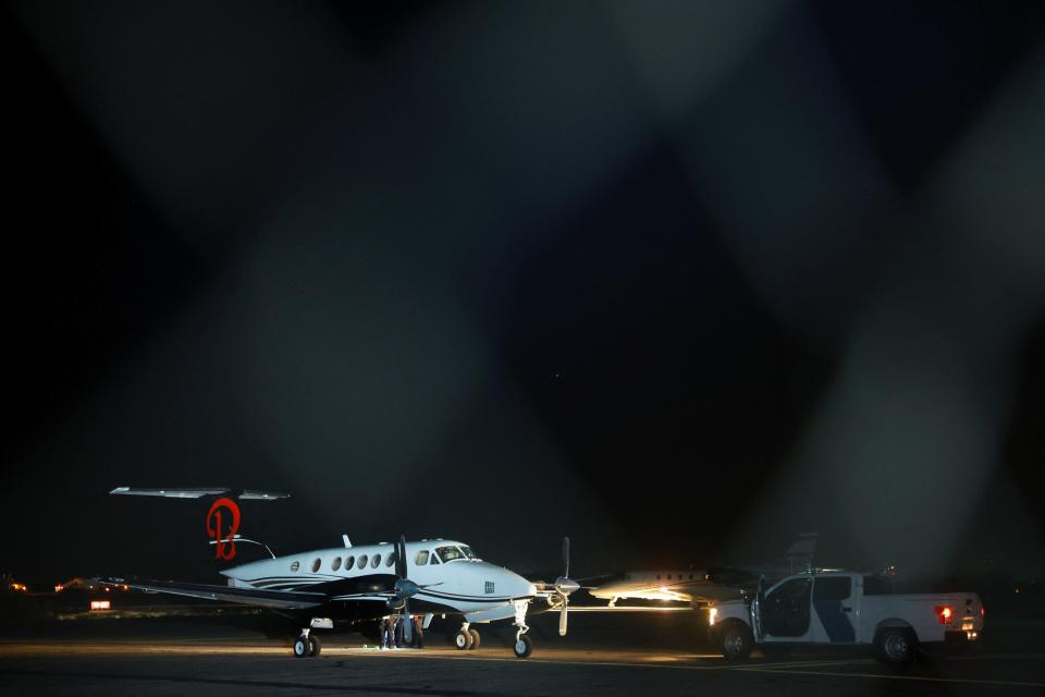 A plane believed to have carried Mexican drug lord Ismael "El Mayo" Zambada and Joaquin Guzman Lopez, the son of Zambada's former partner, Joaquin "El Chapo" Guzman, who were arrested in El Paso, Texas, is seen on the tarmac of the Dona Ana County private airport, in Santa Teresa, New Mexico, U.S., July 25, 2024. REUTERS/Jose Luis Gonzalez