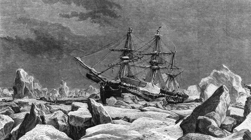 Le HMS Terror coincé dans les glaces de l’Arctique lors de l’expédition Franklin, en 1845. - Illustration: API/Gamma-Rapho via Getty Images) (Getty Images)