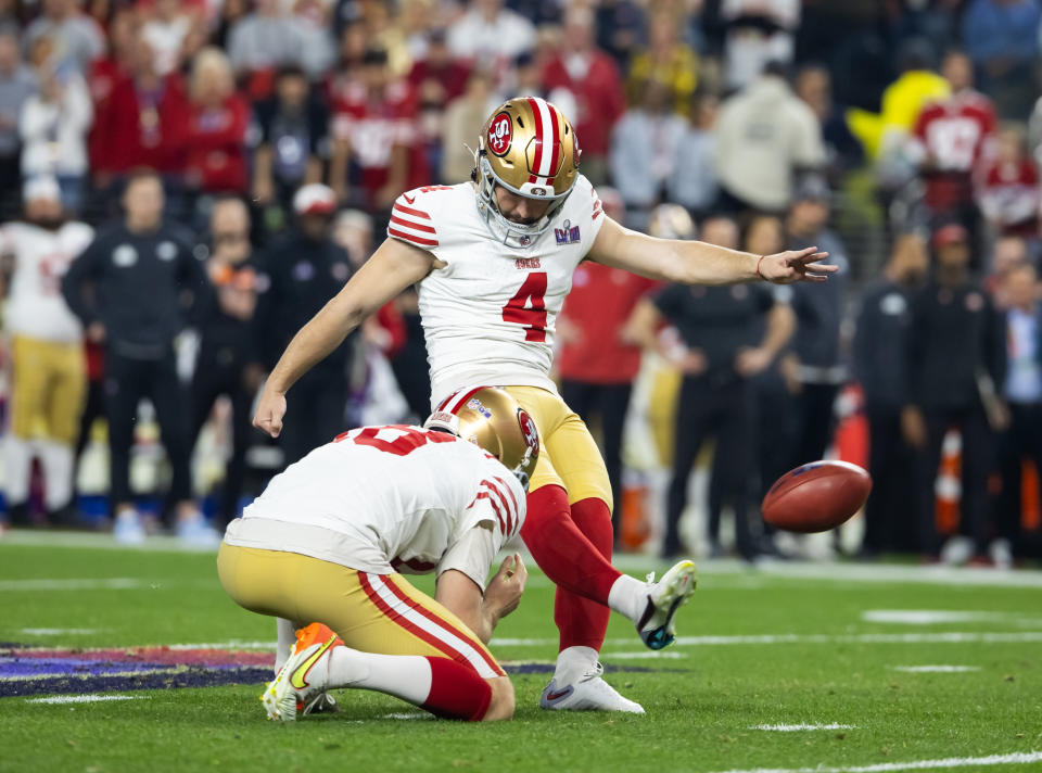 San Francisco 49ers kicker Jake Moody (4) against the Kansas City Chiefs in Super Bowl LVIII at Allegiant Stadium. Mandatory Credit: Mark J. Rebilas-USA TODAY Sports