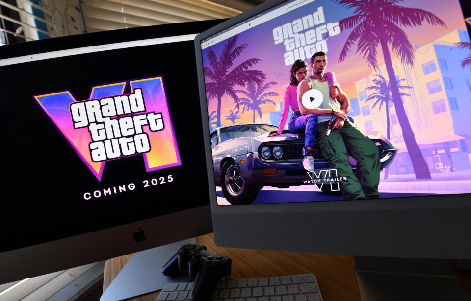 This illustration photo created in Los Angeles, California, on December 5, 2023, shows Rockstar Games' Grand Theft Auto 6 trailer played on computer screens. The first trailer for 