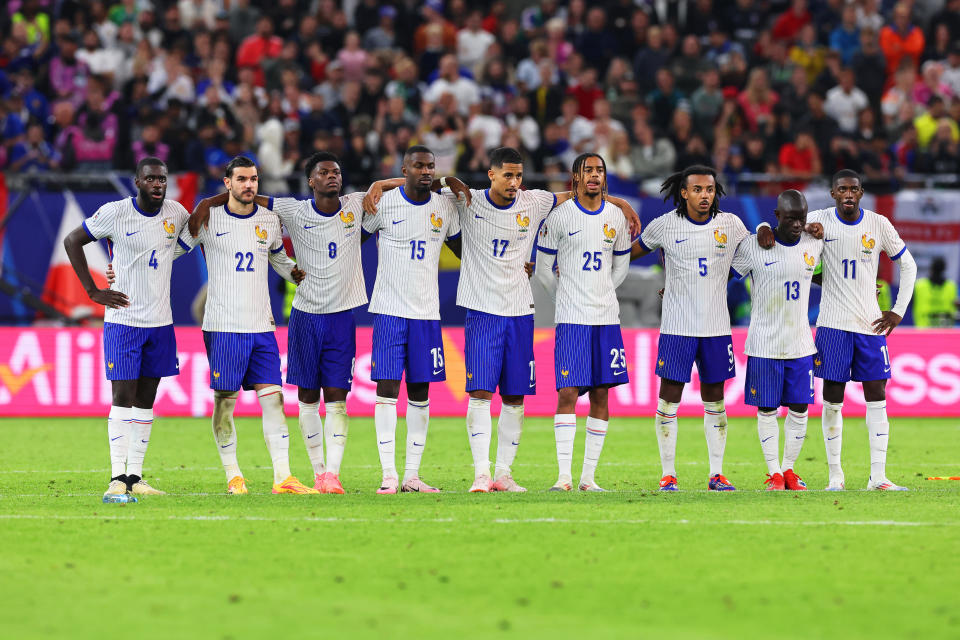 06 July 2024, Hamburg: Soccer, UEFA Euro 2024, European Championship, Portugal - France, final round, quarter-final, Volksparkstadion, France's players react during the penalty shoot-out. Photo: Jens Büttner/dpa (Photo by Jens Büttner/picture alliance via Getty Images)