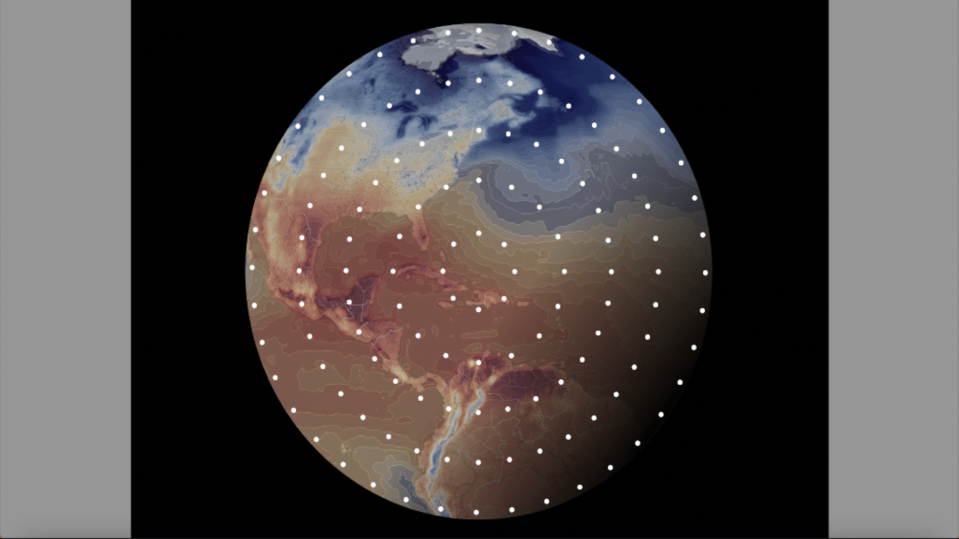 computer-generated weather model, showing earth with bands of red and blue across the surface, as well as dozens of evenly spaced white dots