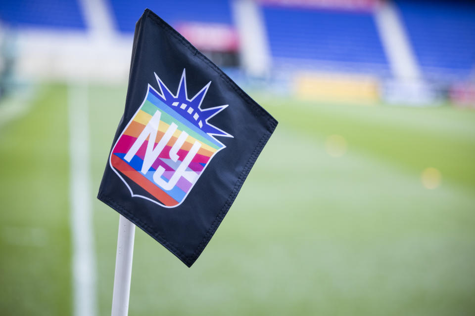 HARRISON, NEW JERSEY - JUNE 4: The corner flag with the Pride flag in the NJ/NJ Gotham FC logo for the Pride night National Womens Soccer League match against San Diego Weave at Red Bull Arena on June 4, 2023 in Harrison, New Jersey. (Photo by Ira L. Black - Corbis/Getty Images)