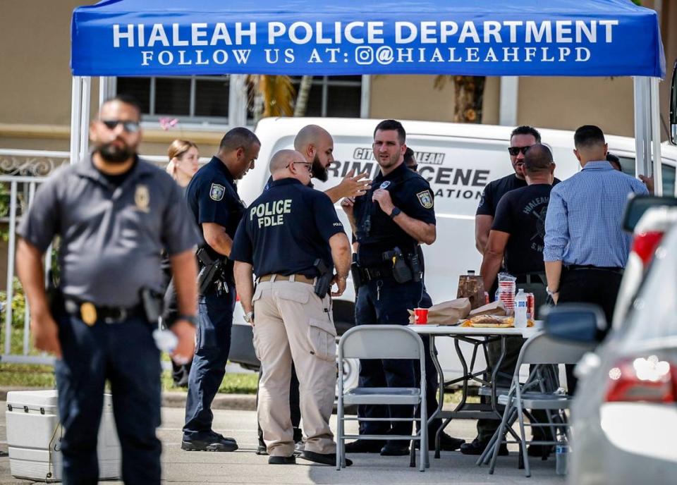 Hialeah, July 19, 2024 - Hialeah Police and the Florida Department of Law Enforcement work the scene at West 53rd Street and Fifth Avenue in Hialeah, Florida, where Hialeah police shot and killed a man who they say was armed and involved in a domestic dispute.