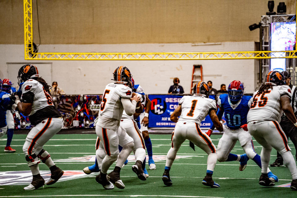 The Albany Firebirds prepare for their matchup against the Bilings Outlaws in ArenaBowl XXXIII.