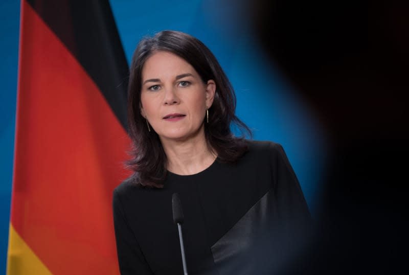 Annalena Baerbock, Foreign Minister of Germany, speaks during a joint press conference with Baiba Braze, Foreign Minister of Latvia, at the Federal Foreign Office in Berlin. Sebastian Gollnow/dpa