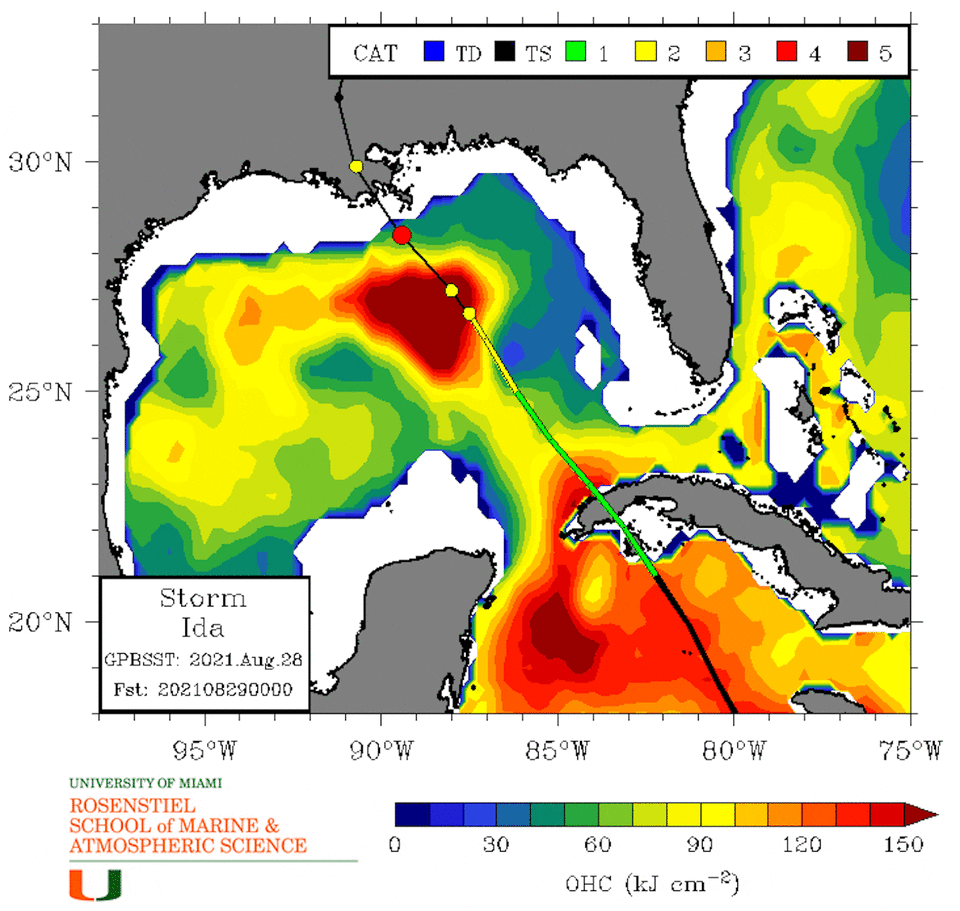 Map showing Ida's track and the depth of heat