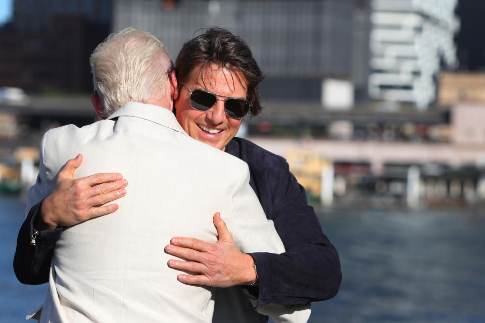 SYDNEY, AUSTRALIA - JULY 02: Tom Cruise greets Simon Pegg during a photo call in support of 