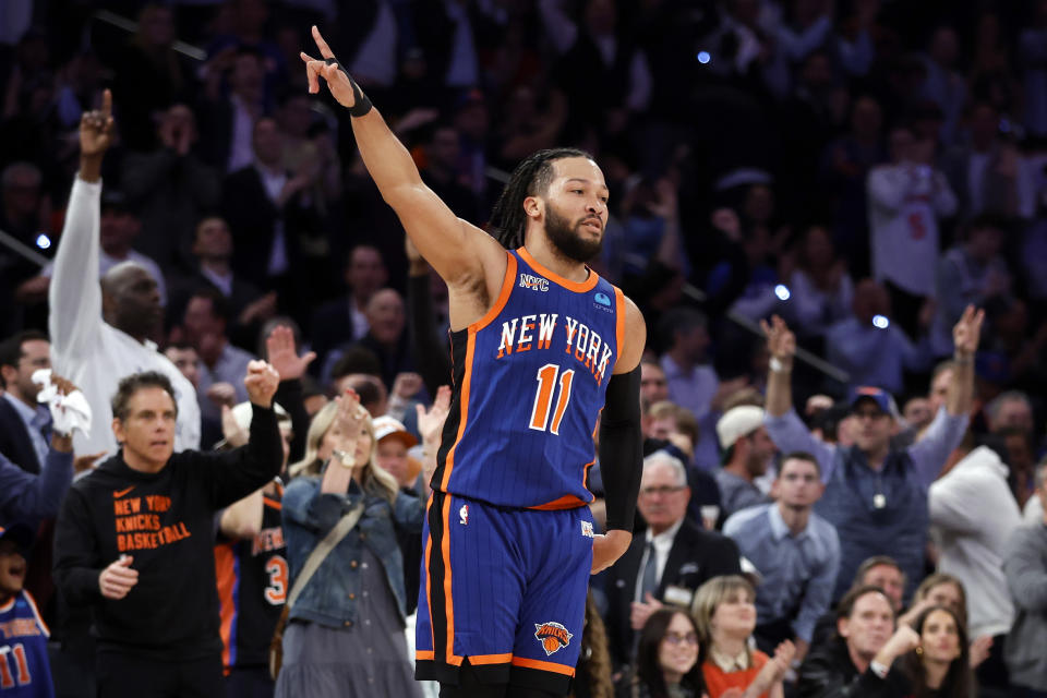 NEW YORK, NEW YORK - MAY 14: Jalen Brunson #11 of the New York Knicks reacts during Game Five of the Eastern Conference Second Round Playoffs against the Indiana Pacers at Madison Square Garden on May 14, 2024 in New York City. The Knicks won 121-91. NOTE TO USER: User expressly acknowledges and agrees that, by downloading and or using this photograph, User is consenting to the terms and conditions of the Getty Images License Agreement. (Photo by Sarah Stier/Getty Images)