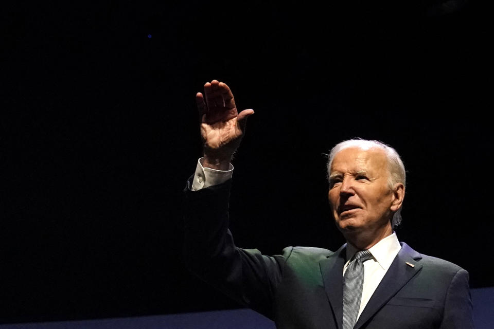 TOPSHOT - US President Joe Biden waves on stage during the Vote To Live Properity Summit at the College of Southern Nevada in Las Vegas, Nevada, on July 16, 2024. (Photo by Kent Nishimura / AFP) (Photo by KENT NISHIMURA/AFP via Getty Images)