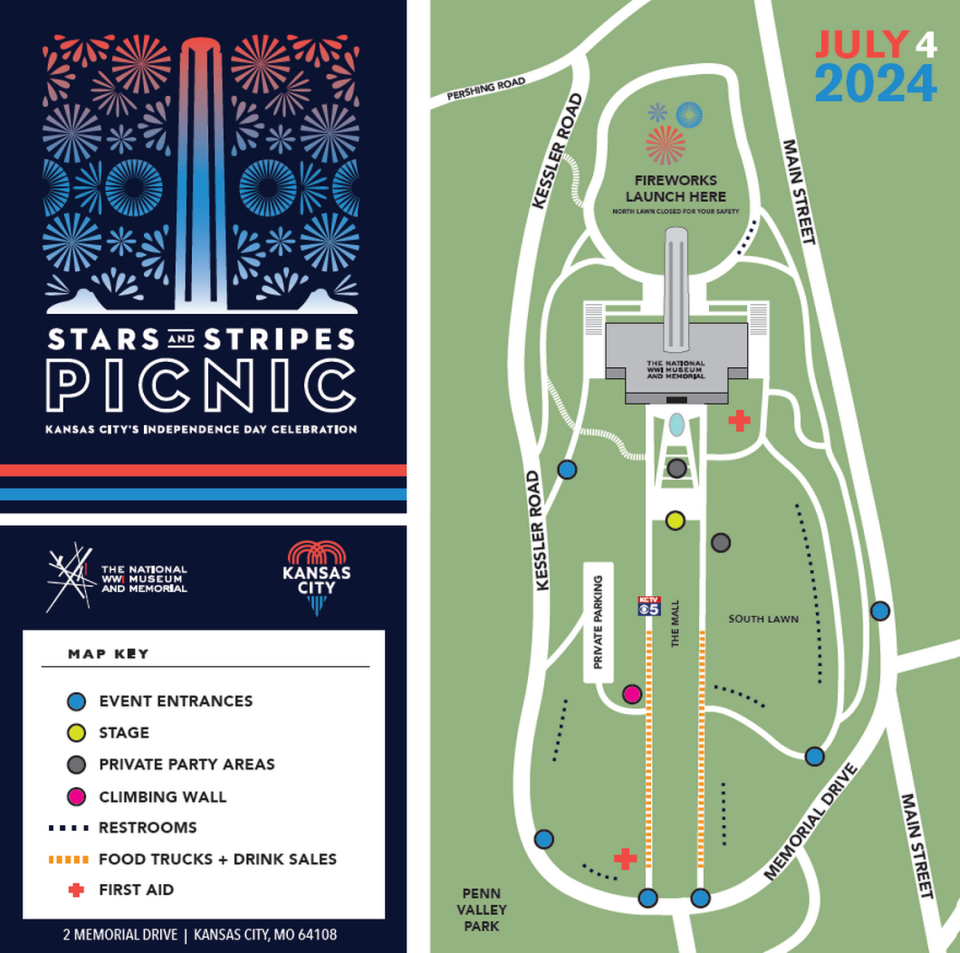 A map of attractions and facilities at Kansas City’s 2024 Stars & Stripes Picnic is seen in this guide from the National WWI Museum and Memorial.