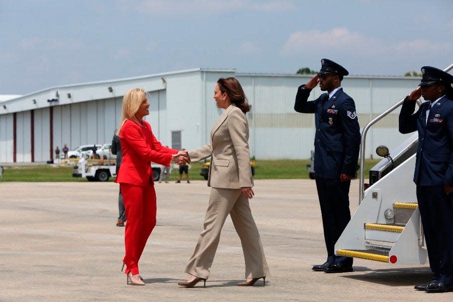 Mayor Donna Deegan greets Vice President Kamala Harris at the Jacksonville International Airport before her address at the Ritz Theater and Museum on July 21, 2023.