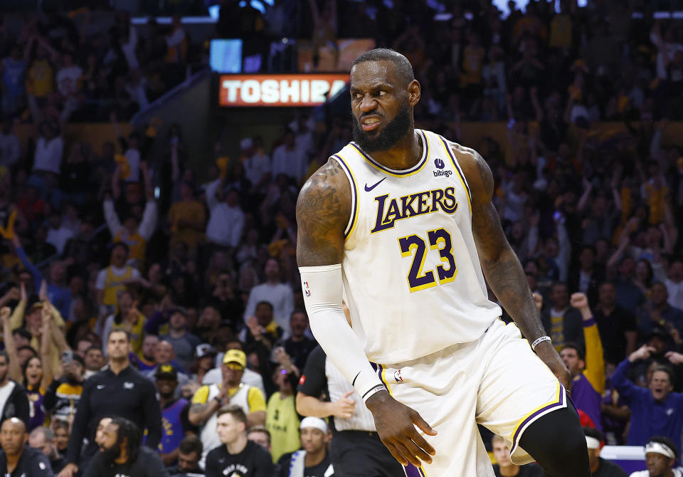 LOS ANGELES, CALIFORNIA - APRIL 27:  LeBron James #23 of the Los Angeles Lakers after making a slam dunk against the Denver Nuggets in the second half during game four of the Western Conference First Round Playoffs at Crypto.com Arena on April 27, 2024 in Los Angeles, California.  NOTE TO USER: User expressly acknowledges and agrees that, by downloading and/or using this photograph, user is consenting to the terms and conditions of the Getty Images License Agreement. (Photo by Ronald Martinez/Getty Images)