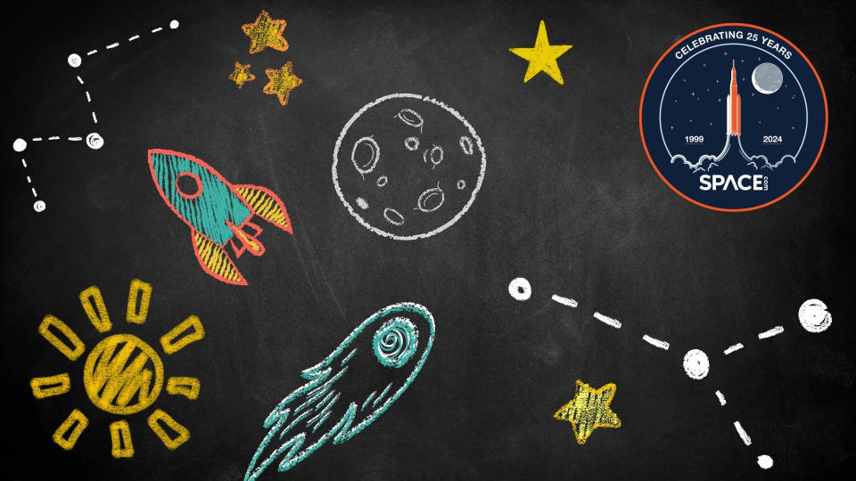  A chalkboard texture background features illustrations of stars, constellations, a sun, a rocket and a commet. in the to top right, a space.com 25 year anniversary logo. 