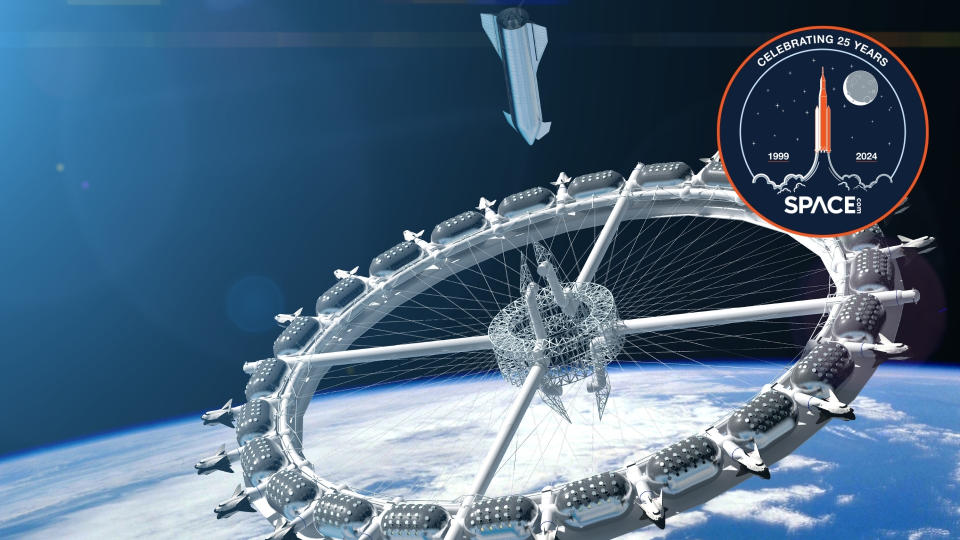  A space station shaped like a wheel in orbit above earth with a streamlined silver rocket approaching it. 