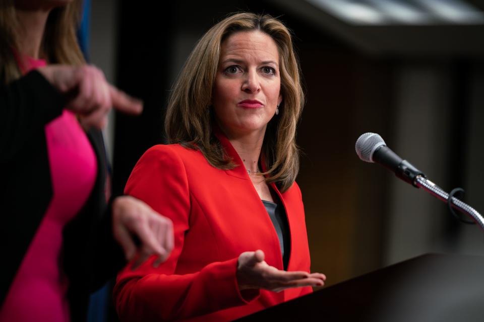 Secretary of State Jocelyn Benson speaks to reporters during a press conference after midterm election polls close in Michigan at Cadillac Place in Detroit on Tuesday, Nov. 8, 2022. (Via OlyDrop)