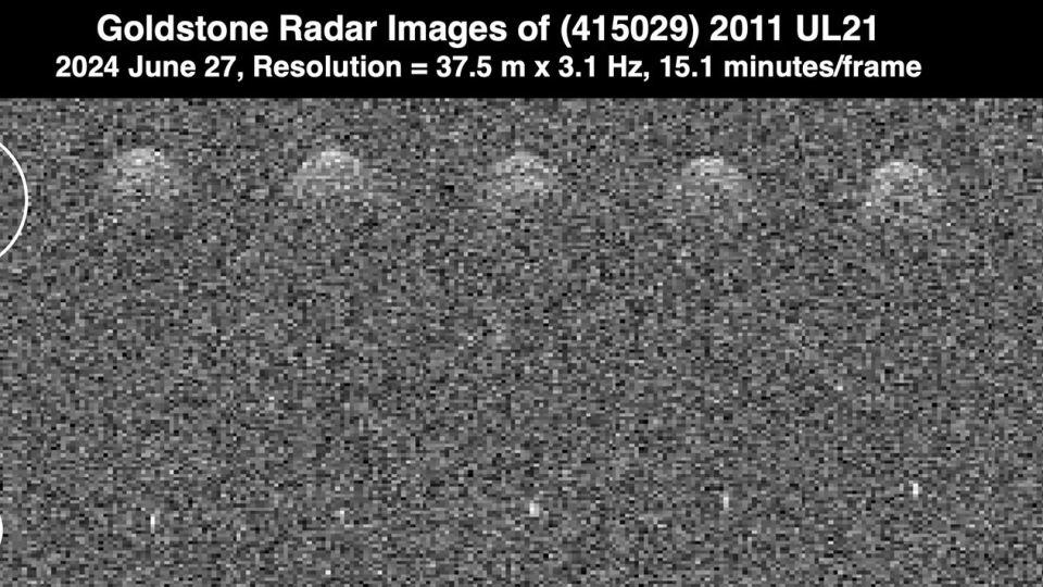 Seven radar observations show the mile-wide asteroid 2011 UL21 during its June 27 close approach with Earth from about 4 million miles away. The asteroid and its small moon are circled in white. - NASA/JPL-Caltech