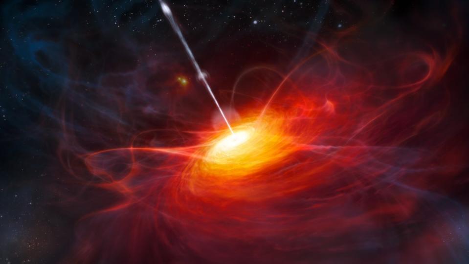 An illustration of a supermassive black hole firing off a jet, seen as a thin white line emanating from the center of a bright yellow-orange disk in deep space