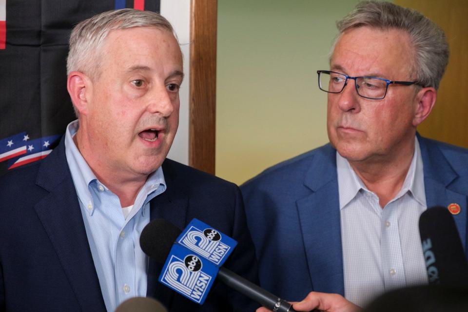 Republican National Committee Chairman Michael Whatley and Republican Party of Wisconsin Chairman Brian Schimming speak to press after a rally regarding voting integrity in Waukesha on Monday.