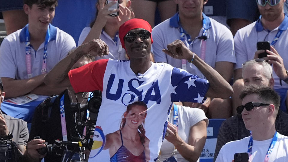 Snoop Dogg attends a women's beach volleyball match between the United States and France at the 2024 Summer Olympics on Wednesday. 