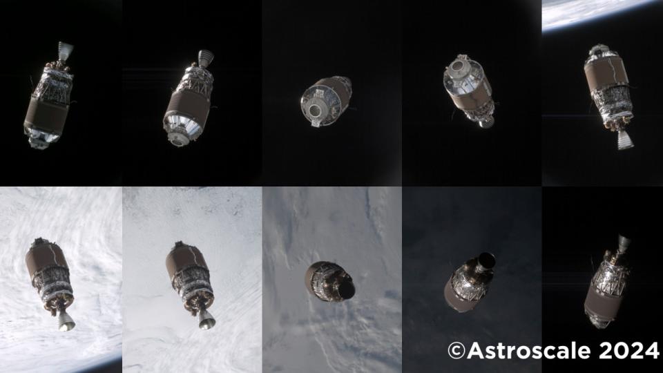  Ten panels showing the same cylindrical object floating above earth from ten different angles. 