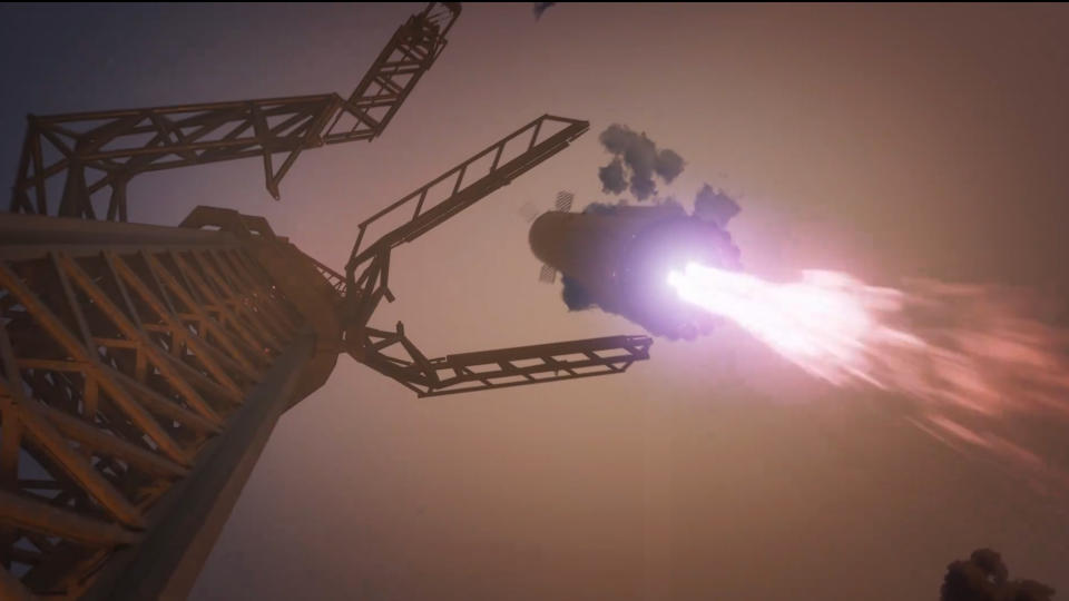 Still from an animation showing a SpaceX Starship Super Heavy booster being caught by the 