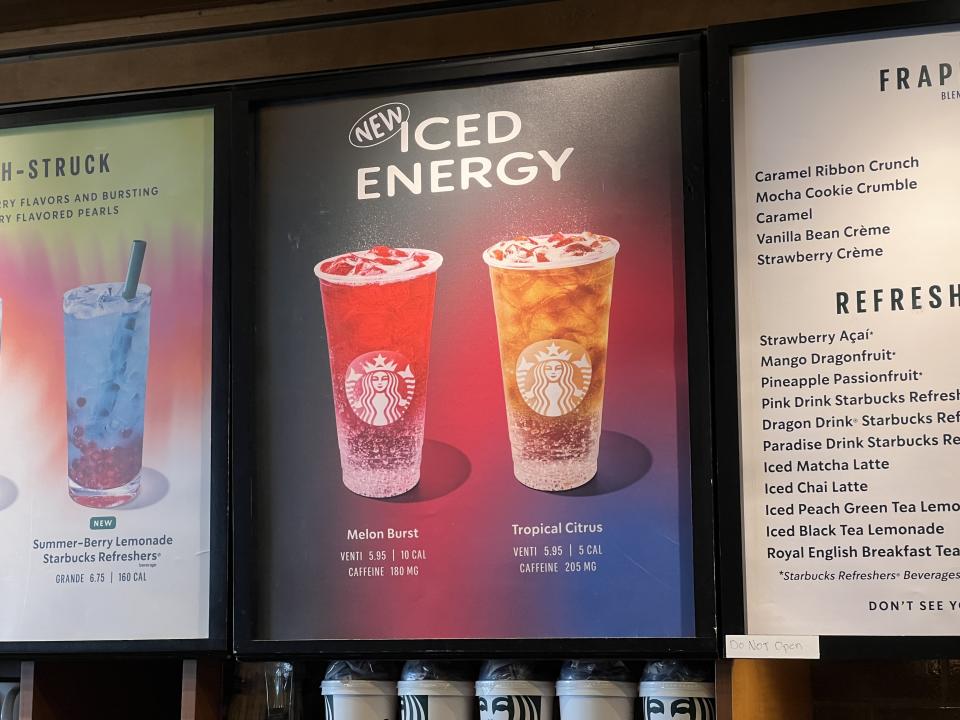 Menu display featuring Starbucks' new Iced Energy drinks, Melon Burst and Tropical Citrus, at a Starbucks location, San Francisco, California, June 28, 2024. (Photo by Smith Collection/Gado/Getty Images)