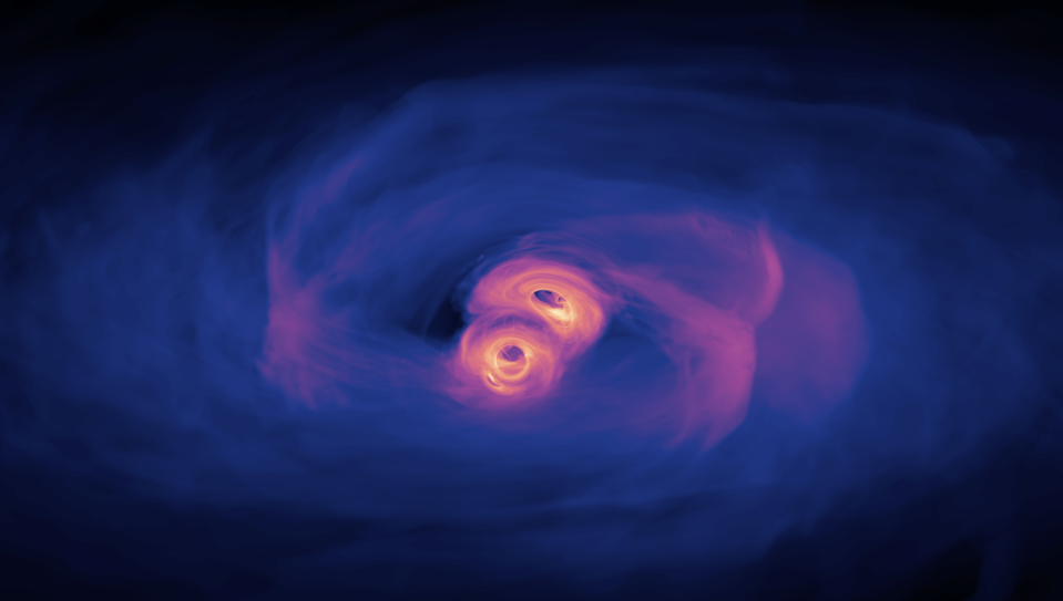 An illustration of a merger of two supermassive black holes. Scott Noble (NASA GSFC)