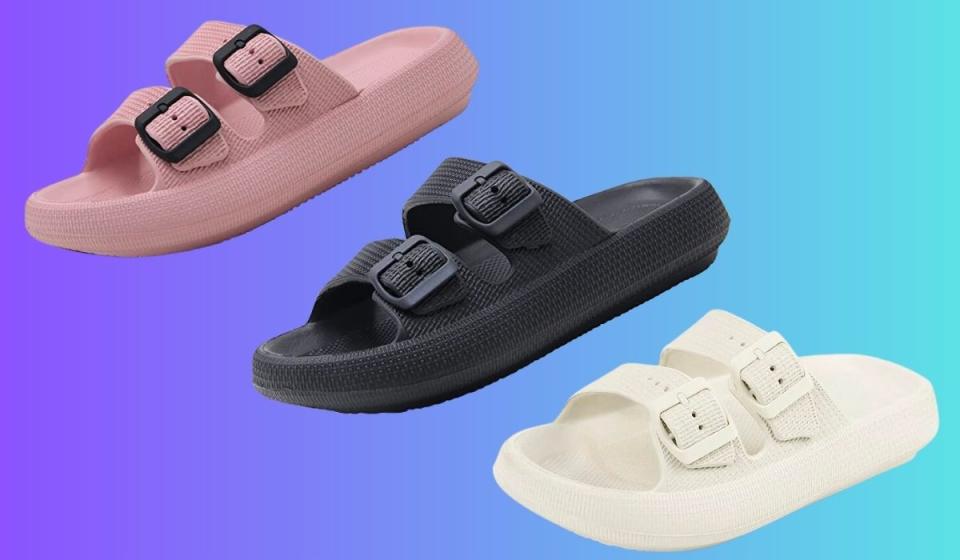 three two-strap pillow sandals in pink, black, and white