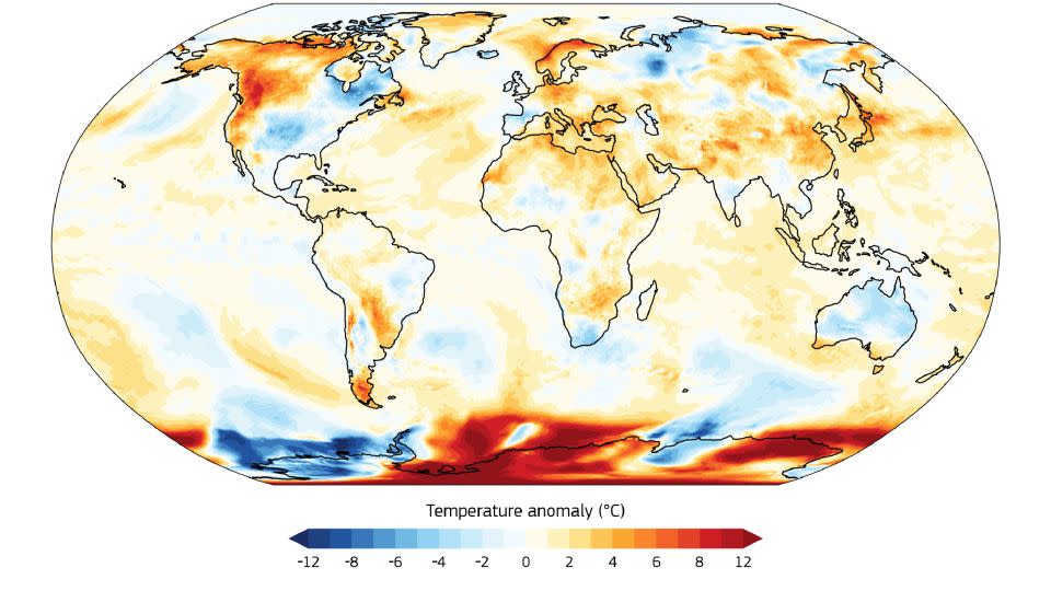 This map shows the difference between Sunday's temperatures and the planet's average temperature (1991-2020). Data source: ERA5. - C3S/ECMWF