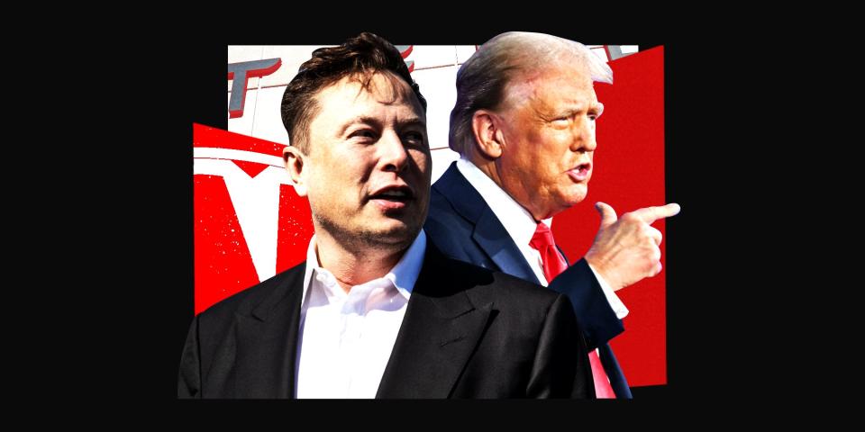 Photo collage featuring Elon Musk, Donald Trump, and Tesla symbols and logos