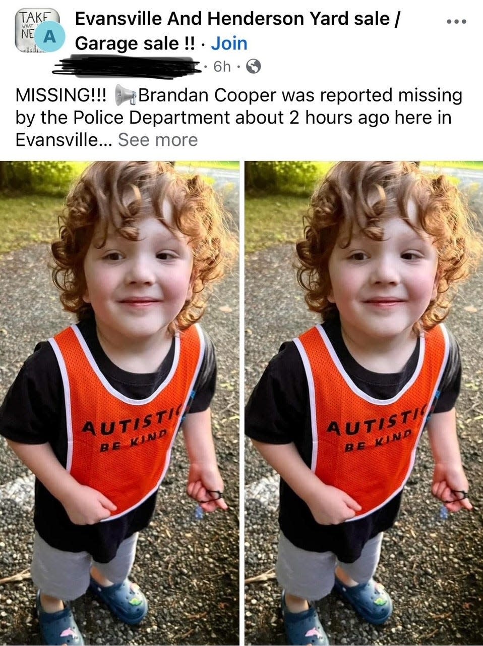 A post to a local Evansville and Henderson group shows a recent scam flooding Facebook pages around the country. Evansville police and other law enforcement agencies say there is no missing child named Brandan Cooper.