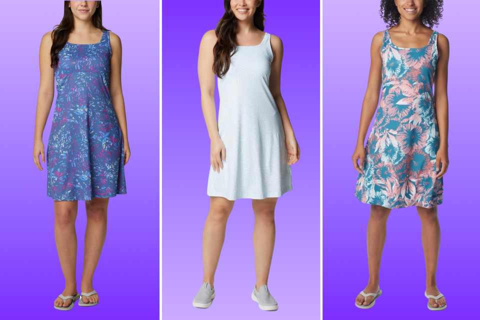 three models wearing the Freezer Dress in three different prints